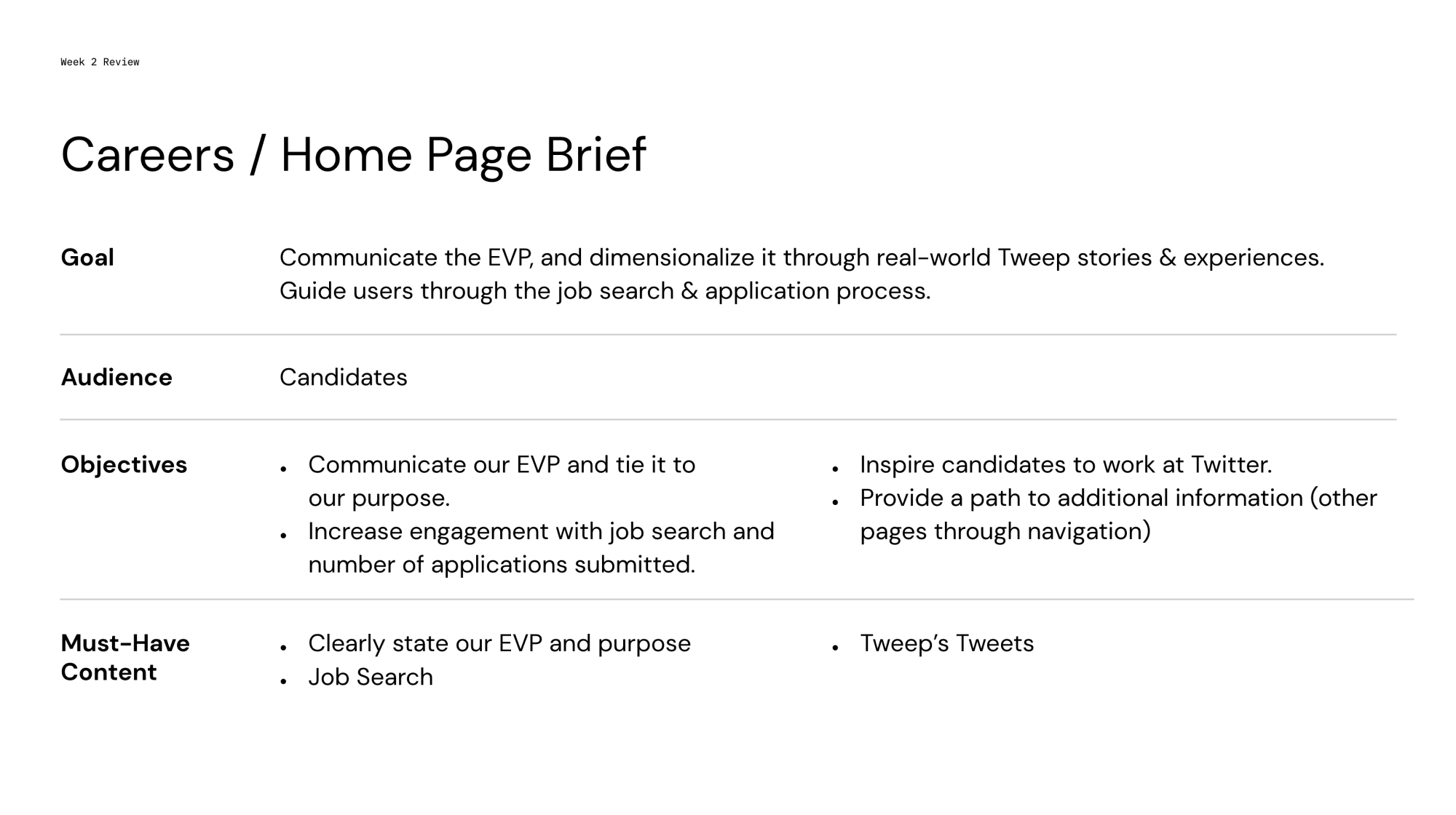 Example page brief for the Twitter Careers website
